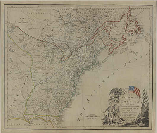 Not long after the Revolutionary War, John Wallis in London published ‘The United States of America Laid Down From the Best Authorities, Agreeable to the Peace of 1783,’ a copy of which is on display in Winterthur’s current map exhibition. Image courtesy Winterthur Museum; Bequest of Henry Francis du Pont.